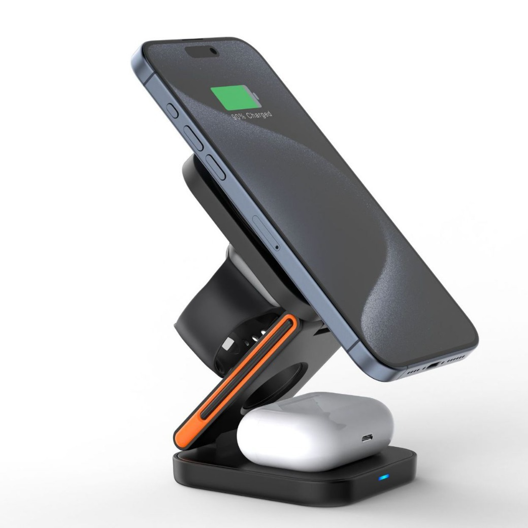 Multi-device charging stand with smartphone, smartwatch, and wireless earbuds on a white background