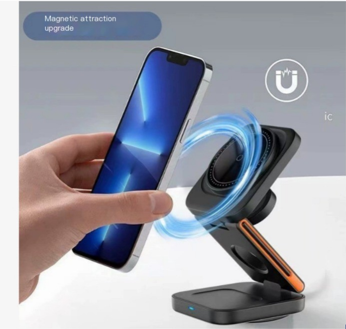 Magnetic phone holder with smartphone being held above it, on a gray background