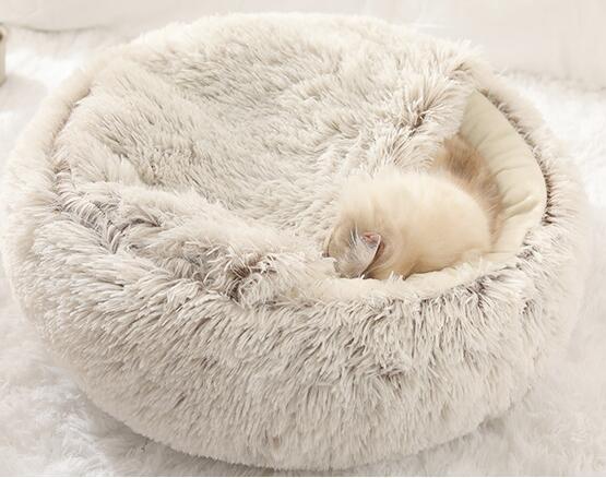 2-in-1 Donut Pet Bed – Long Plush Coffee 40cm variant