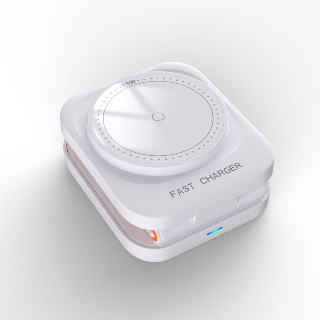 Wireless charger with 'Fast Charger' text on a light gray background
