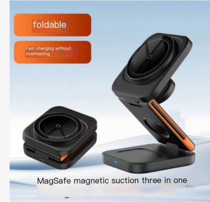 MagSafe magnetic suction three-in-one device with foldable design on a light blue background