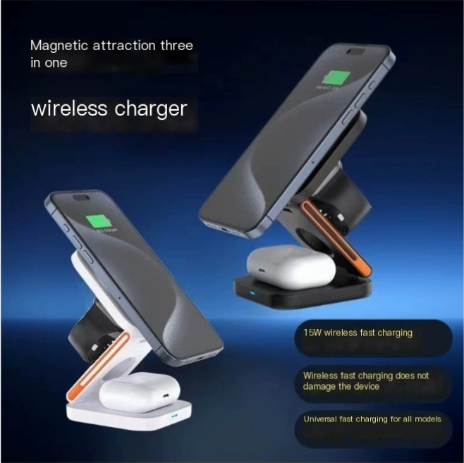 Three-in-one magnetic wireless charger with smartphone, watch, and earbuds on a dark background.