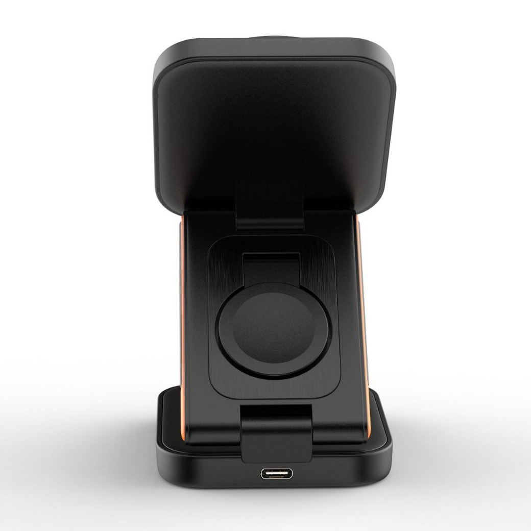 Black wireless charging stand on a white background