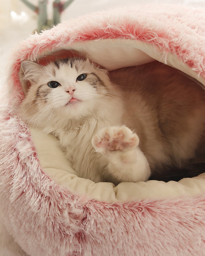 Cat lying in a fluffy pink pet bed