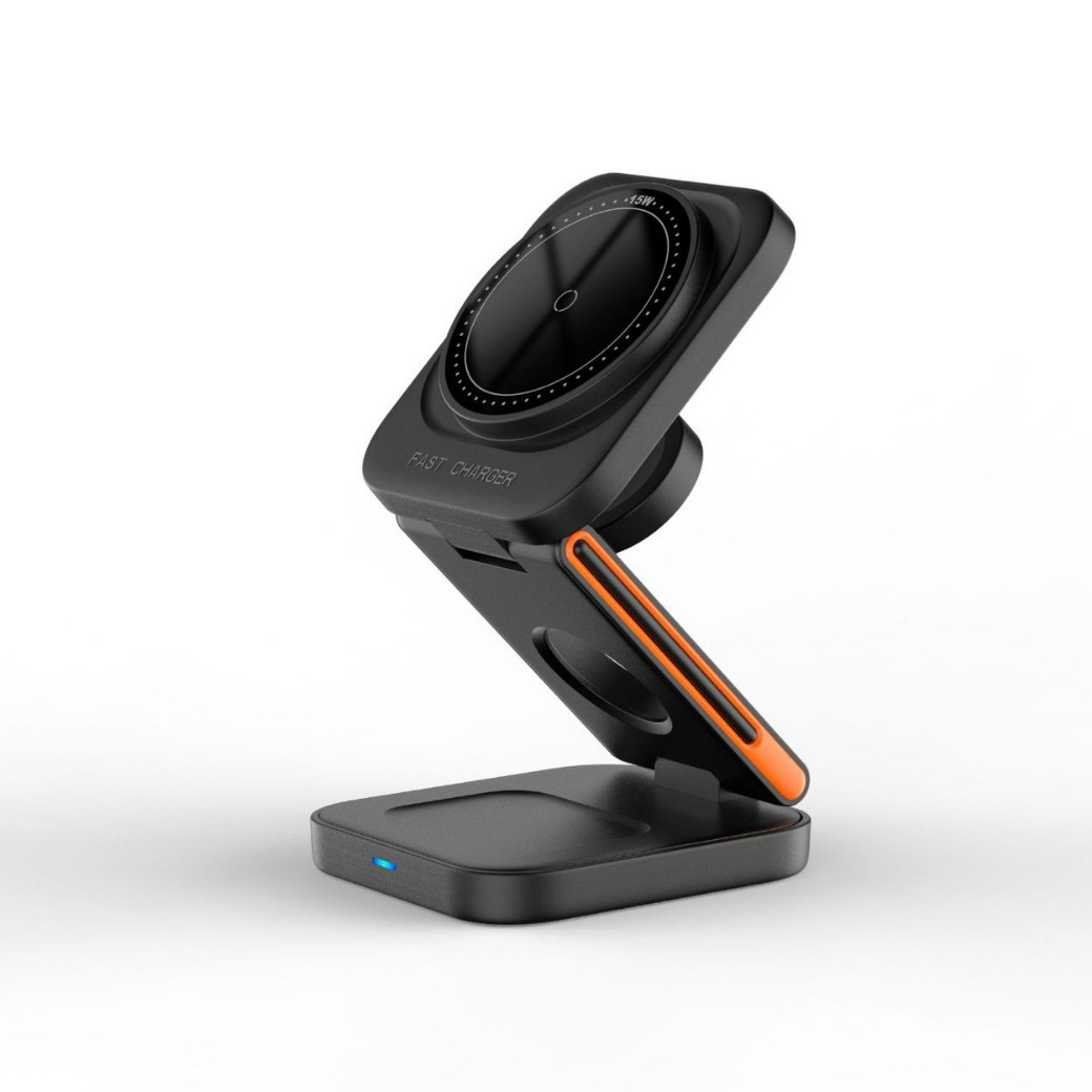 Black and orange phone stand with a phone on a white background