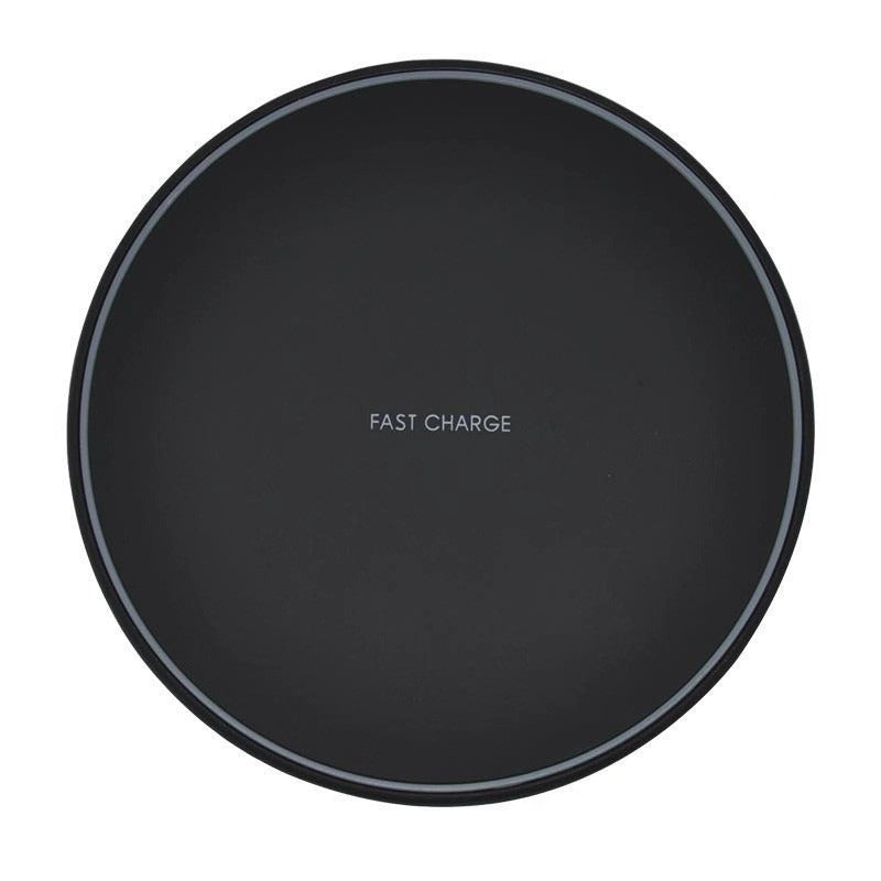 Black wireless charging pad with 'FAST CHARGE' text on a white background
