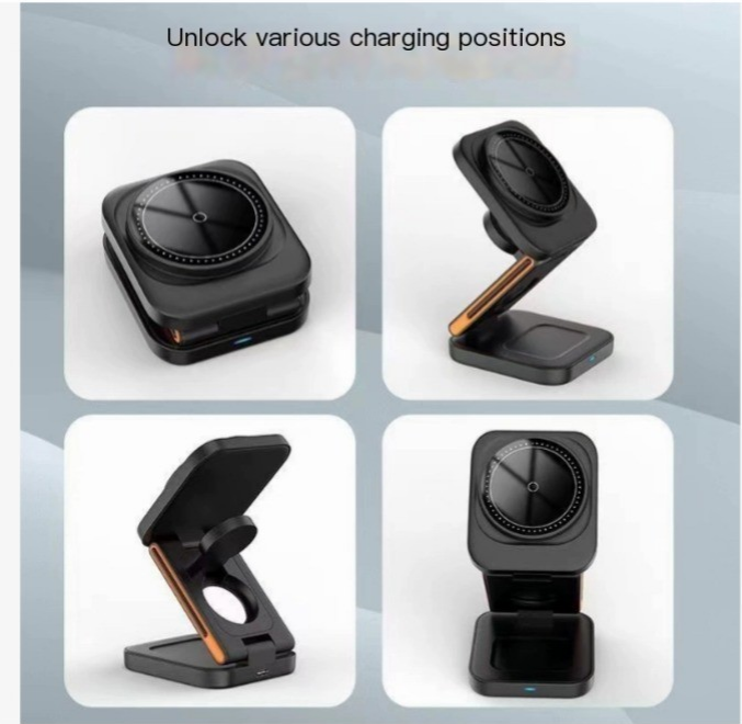 Black phone charging stand with multiple positions on a light gray background
